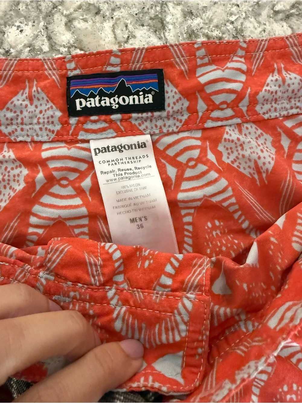 Patagonia Men’s Board Shorts Size 36 Wavefarer Orange Batik Design